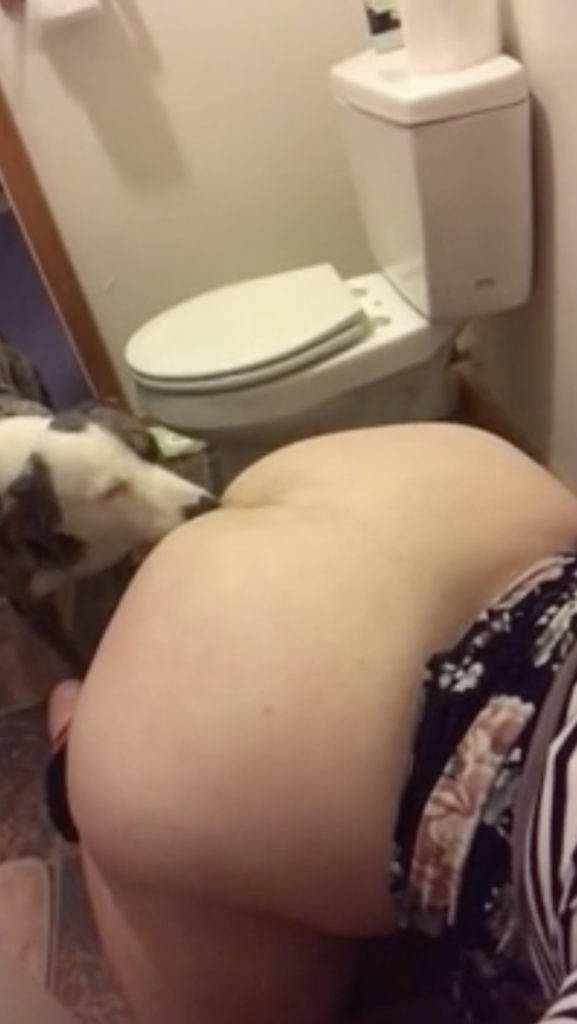 Dog sucking mom booty in washroom